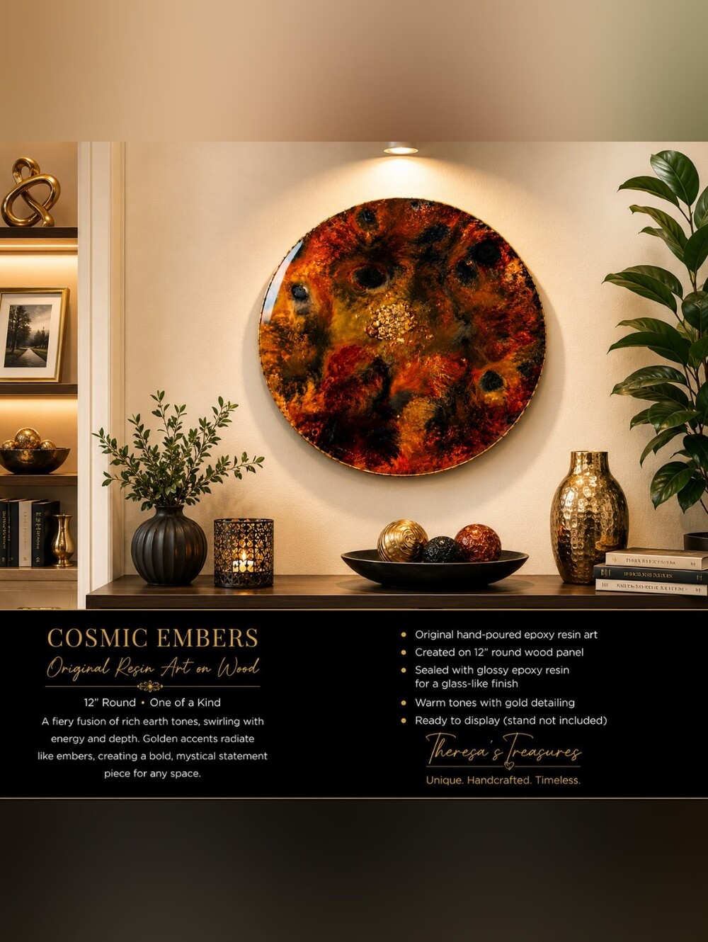 Cosmic Embers Round Resin Wall Art - Fiery Red & Gold